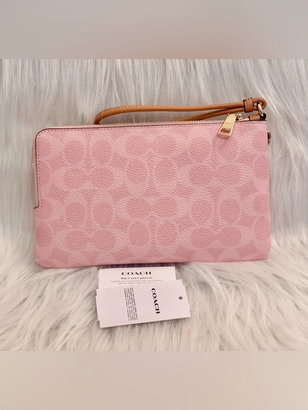 NWT Coach CEF61 Double Zip Wristlet In Signature Canvas With Charms Powder Pink